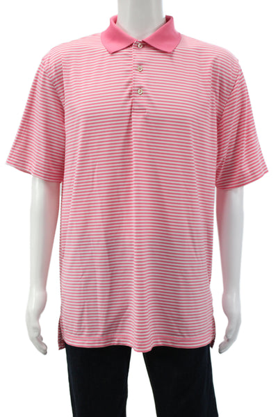 Peter Millar Mens Striped Short Sleeves Rugby Shirt Pink White Size Large