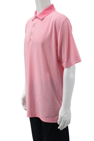 Peter Millar Mens Striped Short Sleeves Rugby Shirt Pink White Size Large