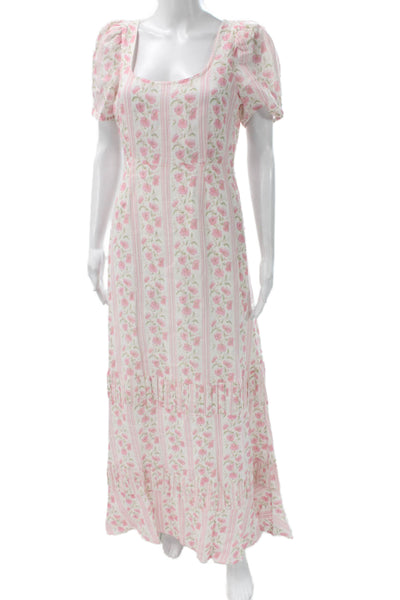 Love Shack Fancy Women Floral Linen Maxi Dress Square Neck Short Sleeve Size 8