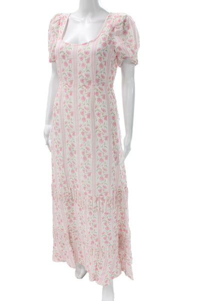 Love Shack Fancy Women Floral Linen Maxi Dress Square Neck Short Sleeve Size 8