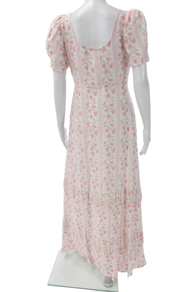 Love Shack Fancy Women Floral Linen Maxi Dress Square Neck Short Sleeve Size 8