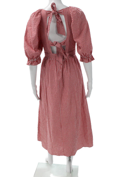 Rahi Women Fit & Flare Gingham Red Dress Square Neck Tie Long Size S