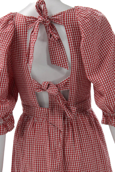 Rahi Women Fit & Flare Gingham Red Dress Square Neck Tie Long Size S