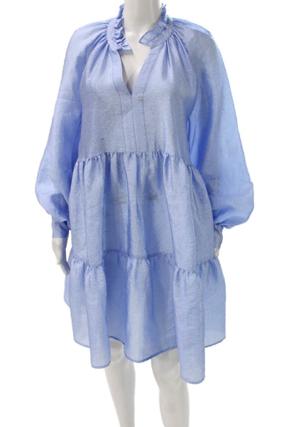Stine goya Womens Blue Trapeze Swing V-Neck Long Sleeve Short Dress Size S