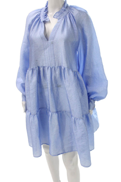 Stine goya Womens Blue Trapeze Swing V-Neck Long Sleeve Short Dress Size S