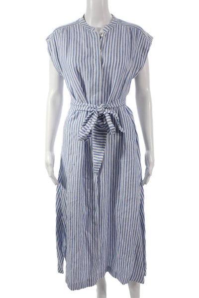 AYR Womens Blue Striped Linen Short Sleeve Shirt Dress Full-Length Size S