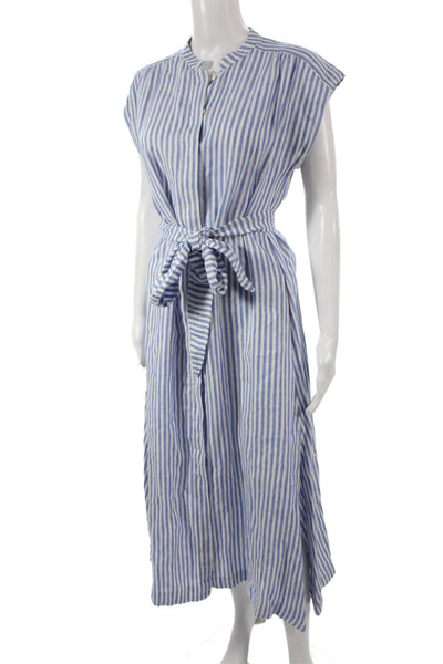 AYR Womens Blue Striped Linen Short Sleeve Shirt Dress Full-Length Size S