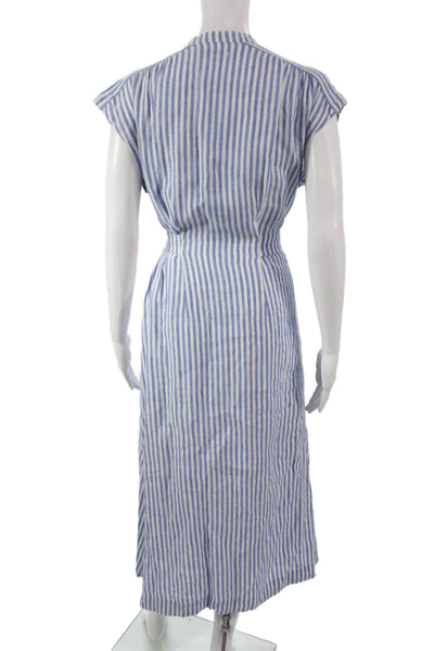 AYR Womens Blue Striped Linen Short Sleeve Shirt Dress Full-Length Size S