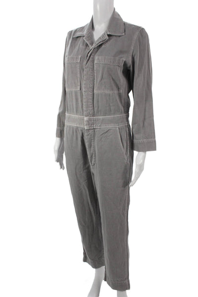 Amo Women Collared Long Sleeve Utility Jumpsuit Gray Button Size S