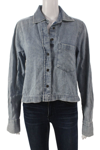 Closed Women Cropped Cotton Button-Up Collared Long Sleeve Blue Size S