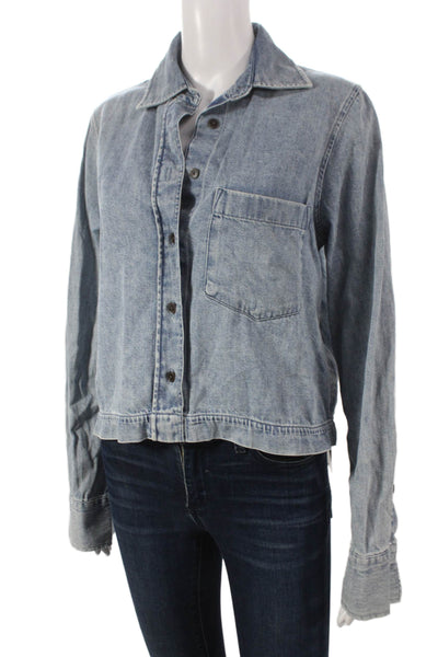 Closed Women Cropped Cotton Button-Up Collared Long Sleeve Blue Size S