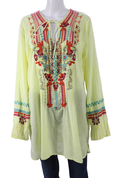 Biya Women Tunic Blouse Yellow Geometric Long Sleeve Round Neck Cotton Size L