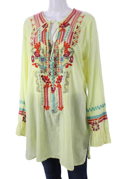 Biya Women Tunic Blouse Yellow Geometric Long Sleeve Round Neck Cotton Size L