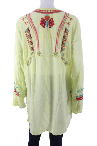 Biya Women Tunic Blouse Yellow Geometric Long Sleeve Round Neck Cotton Size L