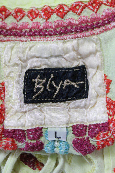 Biya Women Tunic Blouse Yellow Geometric Long Sleeve Round Neck Cotton Size L