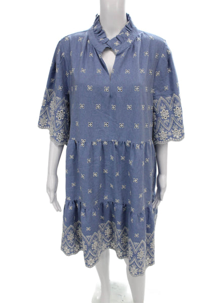 Tuckernuck Women Blue Floral Trapeze Swing Dress Collared Half Sleeve Size 3XL