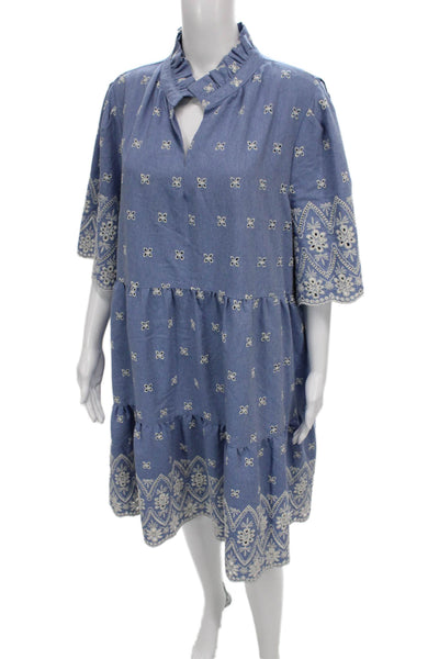 Tuckernuck Women Blue Floral Trapeze Swing Dress Collared Half Sleeve Size 3XL