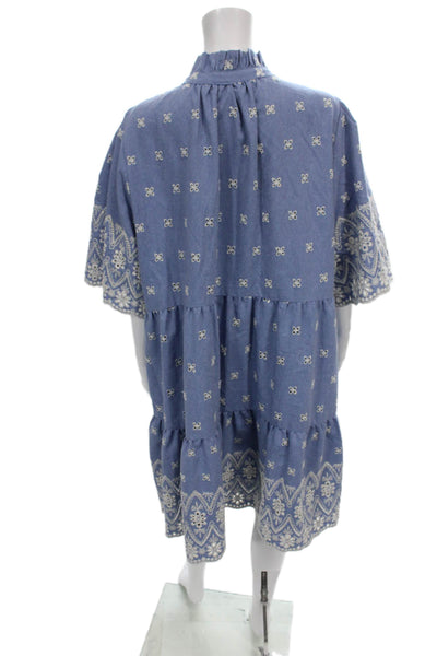 Tuckernuck Women Blue Floral Trapeze Swing Dress Collared Half Sleeve Size 3XL