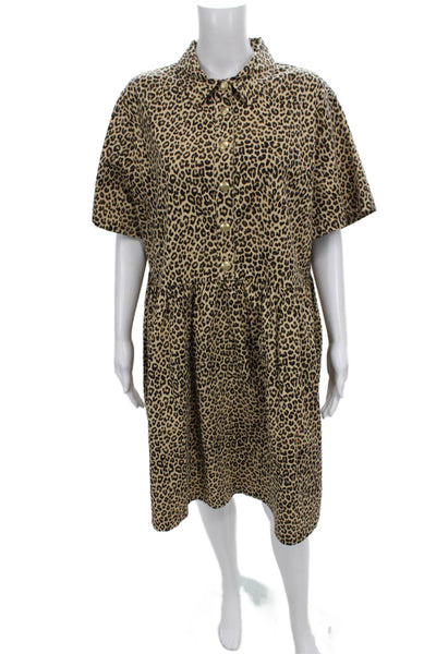J Crew Women Plus Shirt Dress Beige Animal Print Short Sleeve Cotton Size 22