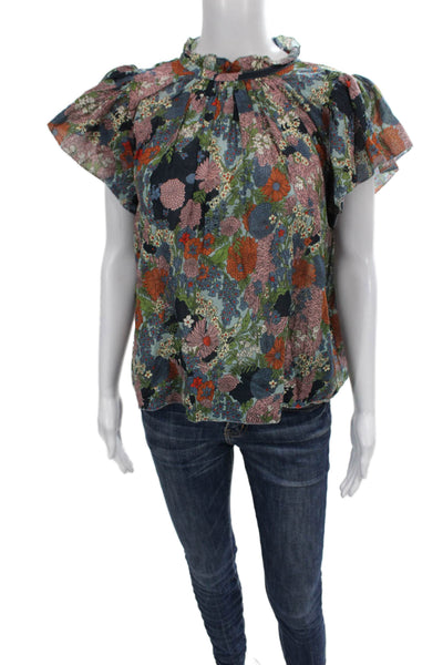Birds of Paradis Womens Floral Cotton High Neck Short Sleeve Blouse Size XS