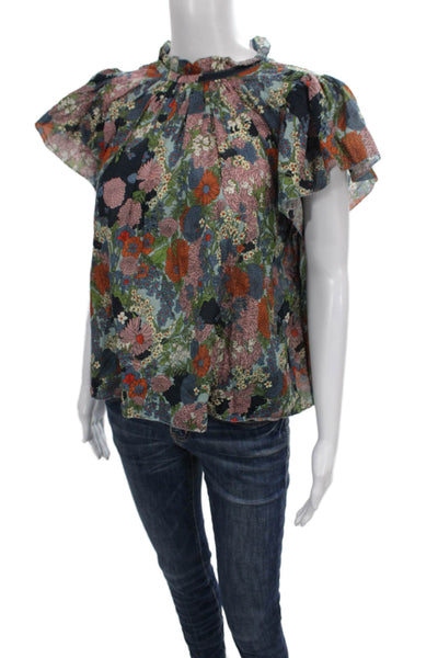 Birds of Paradis Womens Floral Cotton High Neck Short Sleeve Blouse Size XS