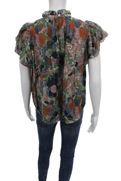 Birds of Paradis Womens Floral Cotton High Neck Short Sleeve Blouse Size XS
