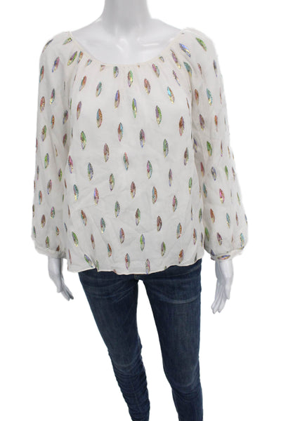 Drew Womens Sequin White Viscose Boat Neck Long Sleeve Geometric Blouse Size S