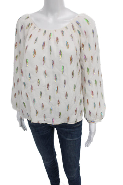 Drew Womens Sequin White Viscose Boat Neck Long Sleeve Geometric Blouse Size S