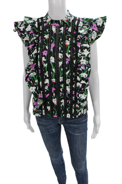 Veronica Beard Women Floral High Neck Cotton Blend Sleeveless Blouse Size 4