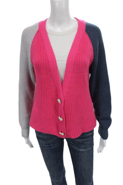 525 Women Cardigan Multicolor V Neck Cotton Long Sleeve Colorblock Size XS