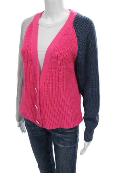 525 Women Cardigan Multicolor V Neck Cotton Long Sleeve Colorblock Size XS