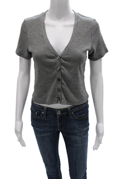 Amo Women Cropped Gray V-Neck Cotton Blend Short Sleeve T-Shirt Size S