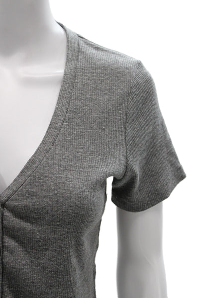 Amo Women Cropped Gray V-Neck Cotton Blend Short Sleeve T-Shirt Size S