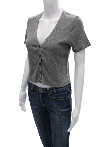 Amo Women Cropped Gray V-Neck Cotton Blend Short Sleeve T-Shirt Size S