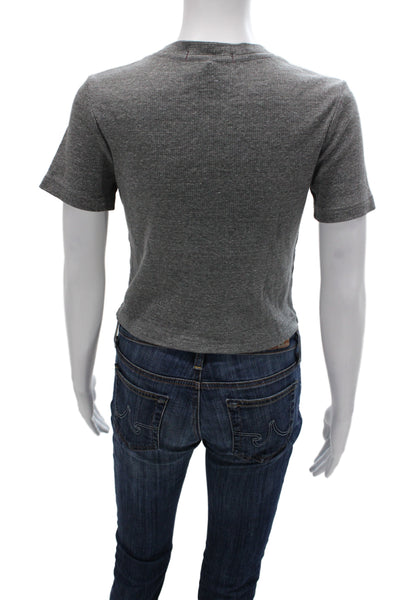 Amo Women Cropped Gray V-Neck Cotton Blend Short Sleeve T-Shirt Size S