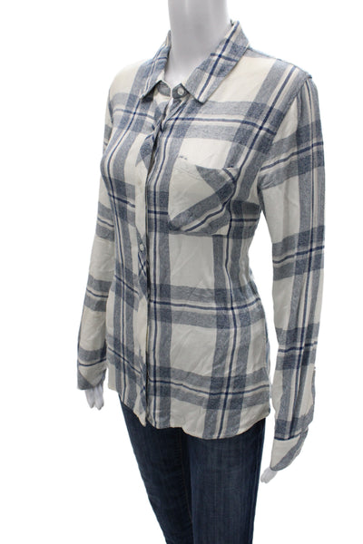 Rails Womens Plaid Collared Rayon Button Up Long Sleeve White Size S