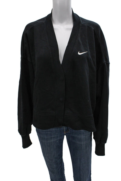 Nike Women Cardigan Black V Neck Button Cotton Long Sleeve Size M