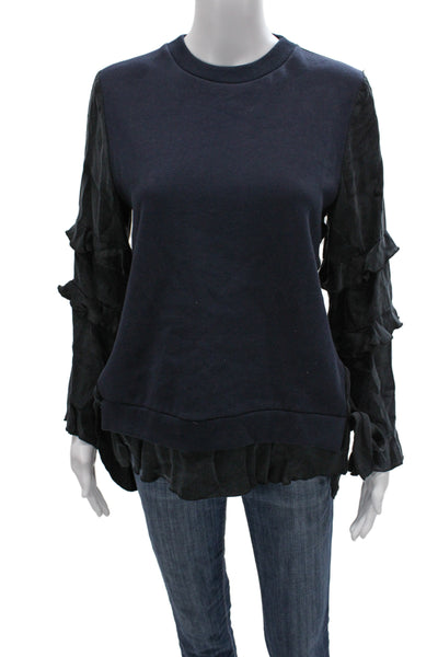 Zara Women Tunic Blouse Blue Cotton Crew Neck Long Sleeve Pullover Size S