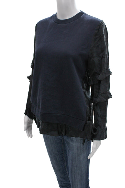 Zara Women Tunic Blouse Blue Cotton Crew Neck Long Sleeve Pullover Size S