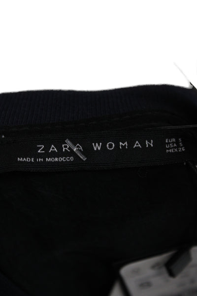 Zara Women Tunic Blouse Blue Cotton Crew Neck Long Sleeve Pullover Size S