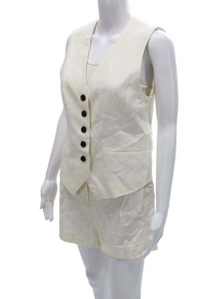 Zara Womens Sleeveless Linen Blend V-Neck Button Ivory Top Size XS