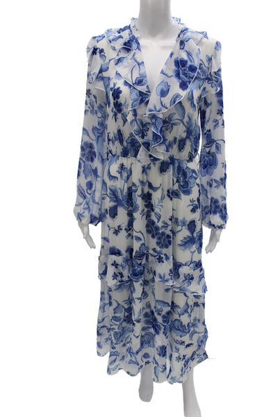 Zara Women Maxi Dress White V-Neck Long Sleeve Floral Mid-Calf Size XS