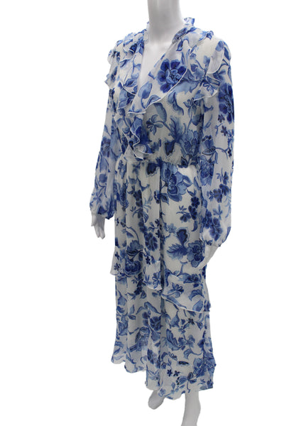 Zara Women Maxi Dress White V-Neck Long Sleeve Floral Mid-Calf Size XS