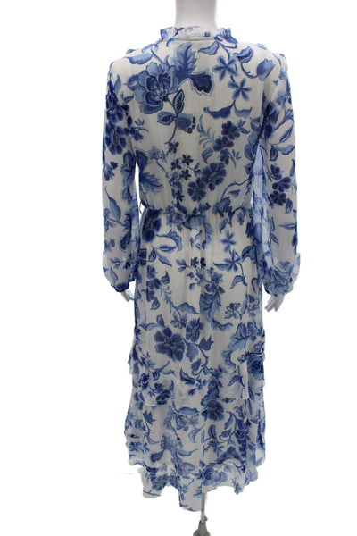 Zara Women Maxi Dress White V-Neck Long Sleeve Floral Mid-Calf Size XS