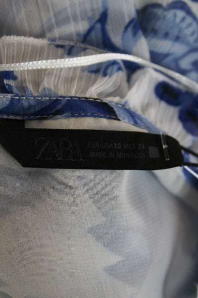Zara Women Maxi Dress White V-Neck Long Sleeve Floral Mid-Calf Size XS