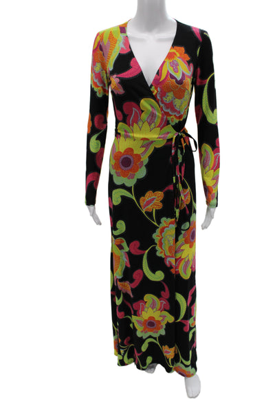 Trina Turk Womens Wrap Dress Black Floral V-Neck Long Sleeve Size 0