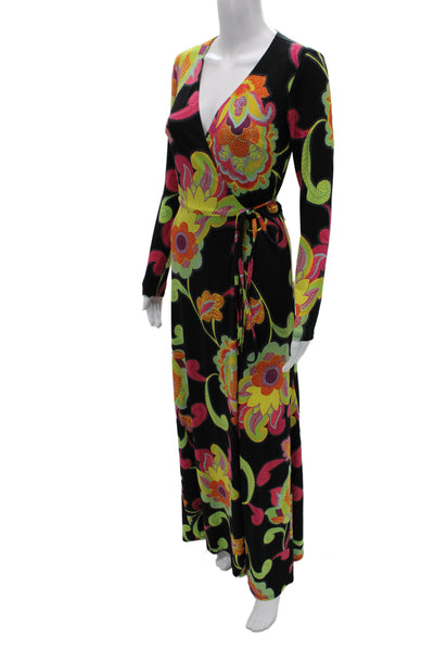 Trina Turk Womens Wrap Dress Black Floral V-Neck Long Sleeve Size 0