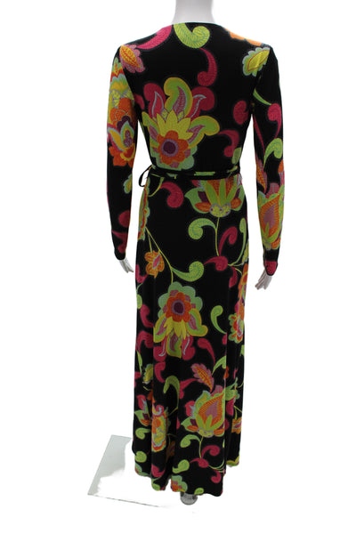 Trina Turk Womens Wrap Dress Black Floral V-Neck Long Sleeve Size 0