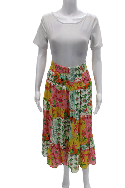 Felicite Womens Peasant Midi Skirt Multicolor Floral Linen Blend Pull On Size 3