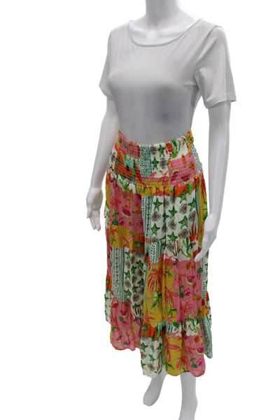 Felicite Womens Peasant Midi Skirt Multicolor Floral Linen Blend Pull On Size 3